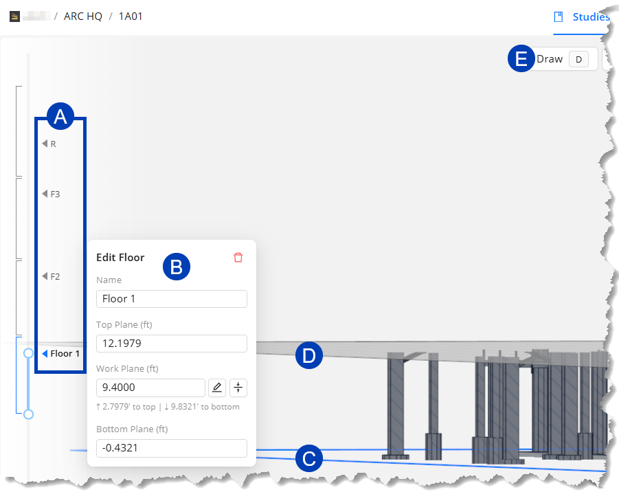 Editing floor details including top, work, and bottom plane measurements.